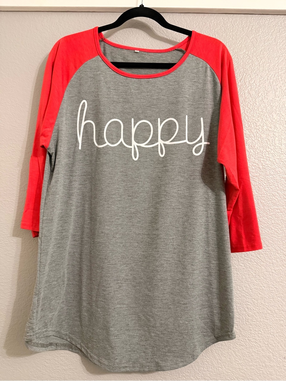 Happy Script Raglan Top - Gray with Red/Orange Sleeves